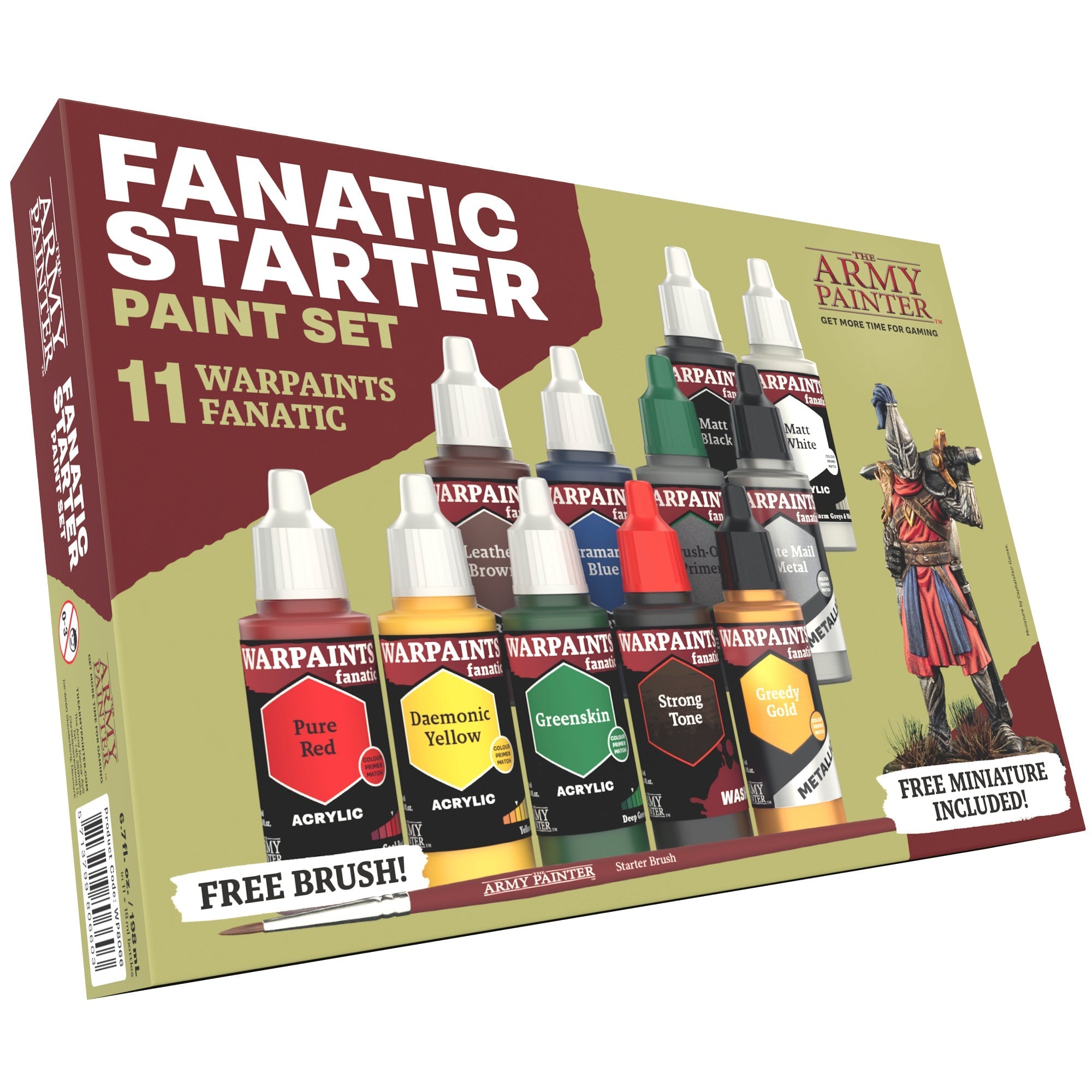 The Army Painter Warpaints Fanatic Starter Set with 10 paints, brush-on primer, miniature figure, starter brush, and painting guide