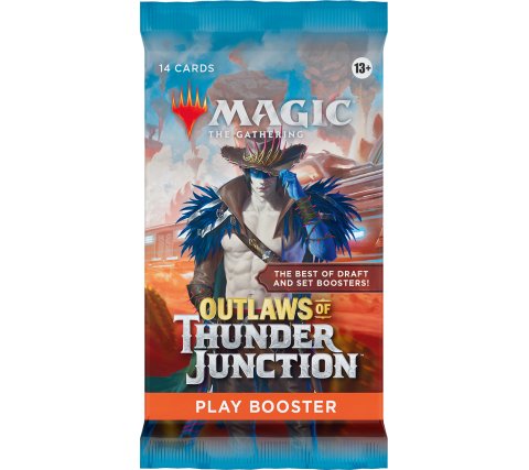 Magic: The Gathering Outlaws of Thunder Junction Play Booster pack with 15 MTG cards, guaranteed rare, one foil, and wildcard slots