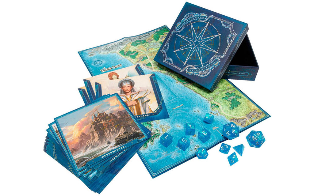 Board game components including cards, a map, and dice on a white background