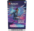 Magic: The Gathering Foundations Starter Collection box with 387 cards including 26 foils, 3 play boosters, 90 basic lands, click wheel life counter, and booklet