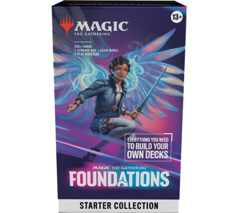 Magic: The Gathering Foundations Starter Collection box with 387 cards including 26 foils, 3 play boosters, 90 basic lands, click wheel life counter, and booklet