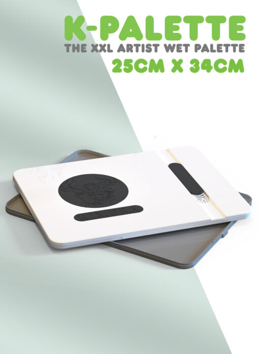 Extra-large wet palette system complete with three reusable foam pads and 50 pre-cut palette sheets; perfect for extended painting sessions and blending.