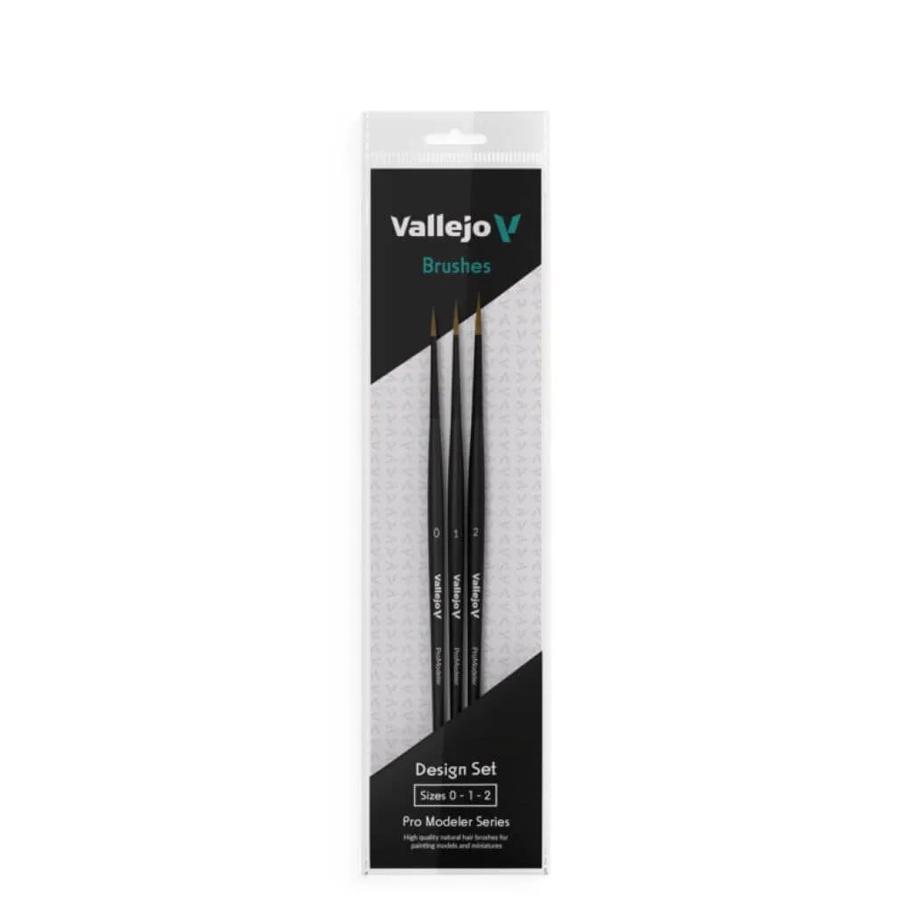 Vallejo Pro Modeler Design Set (B01991) — Natural Hair Round Brushes Sizes 0, 1, 2